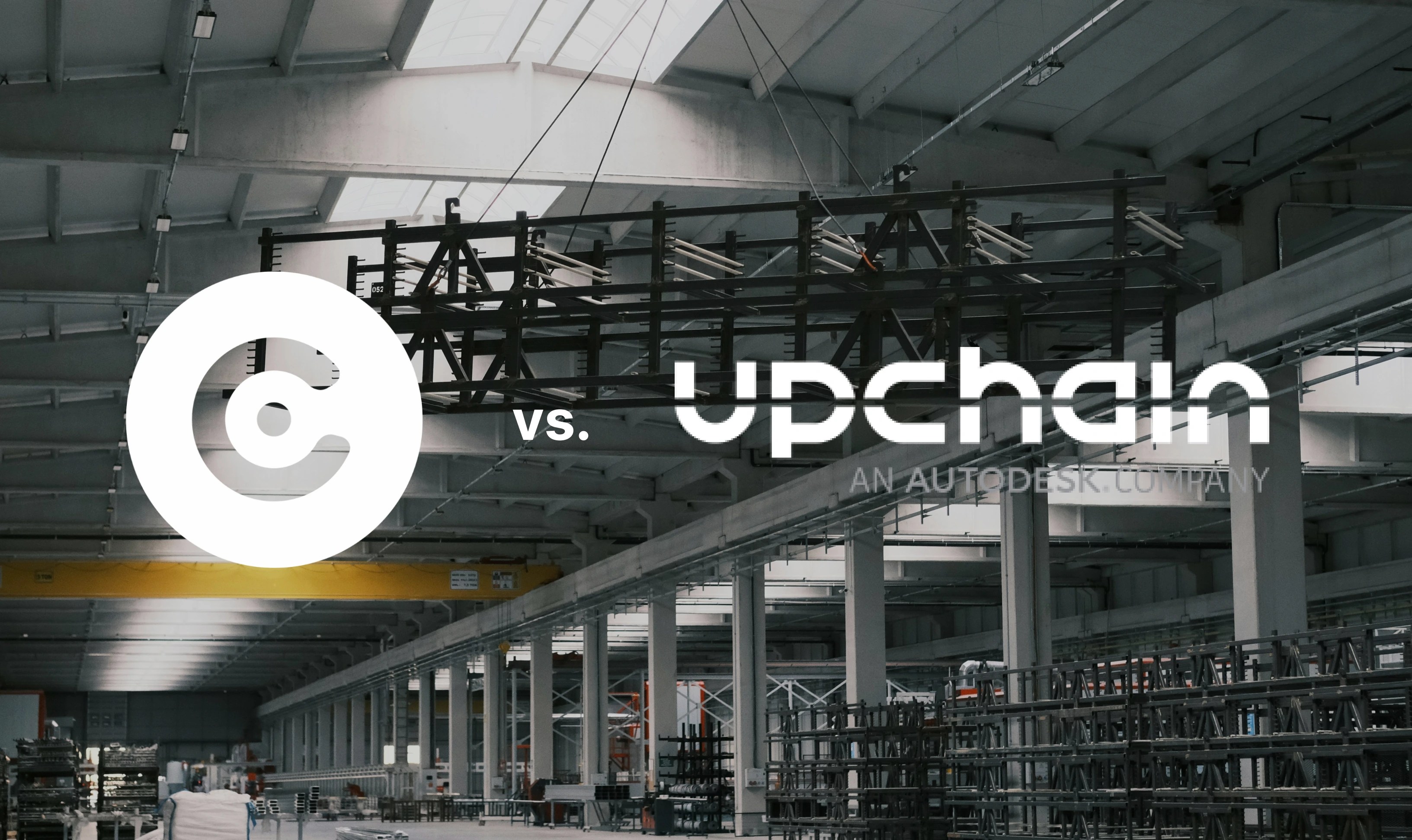 A comparison graphic: a ContextClue logo on the left, ‘vs.’ in the center, and the Upchain logo with the text ‘An Autodesk Company’ on the right.