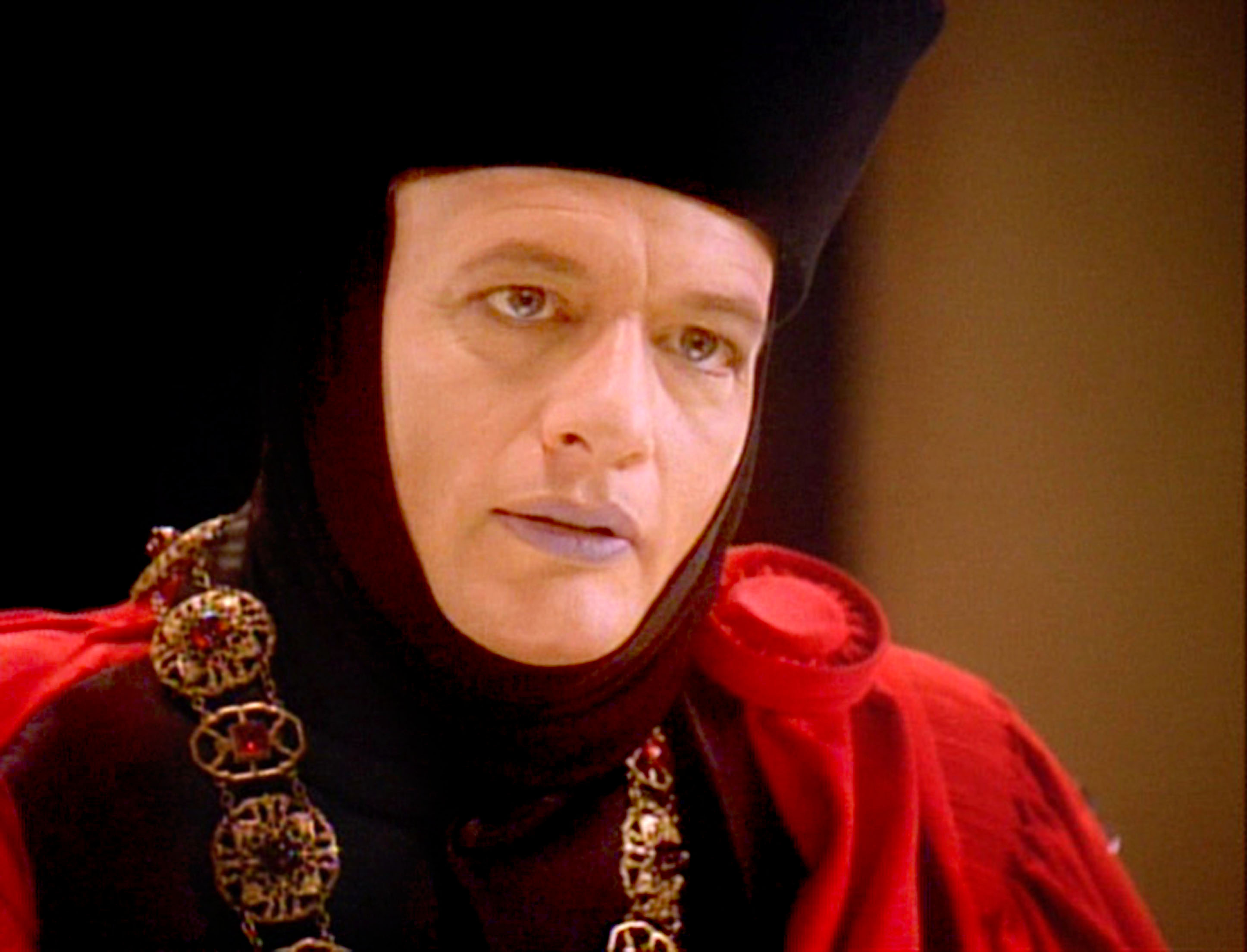 American actor John de Lancie (as Q) in a scene from the final episode of the television series 'Star Trak: The Next Generation,' entitled 'All Good Things...', May 23, 1994. (Photo by CBS Photo Archive/Getty Images)