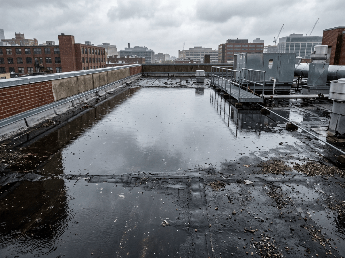 Flat rooftop with standing rainwater and HVAC equipment on a cloudy day