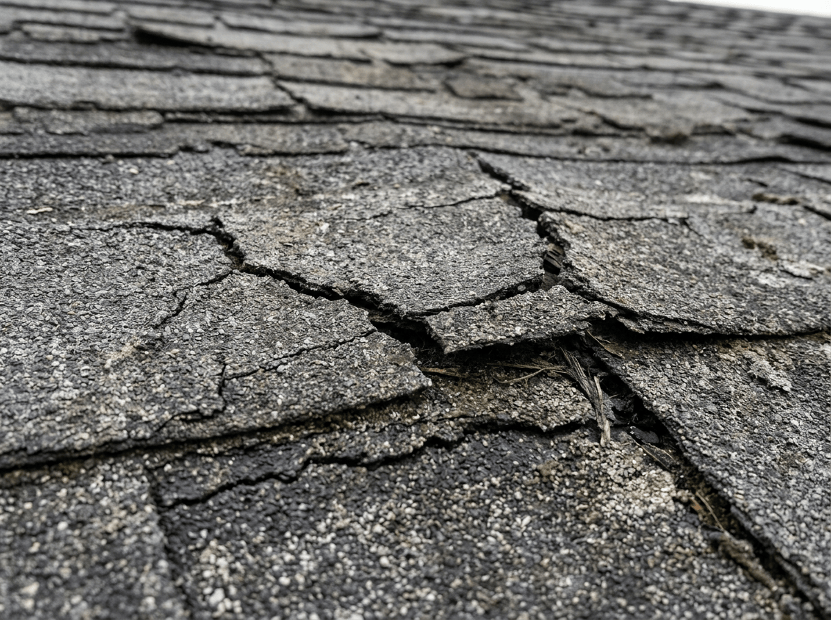 Cracked and peeling asphalt roof shingles with visible damage
