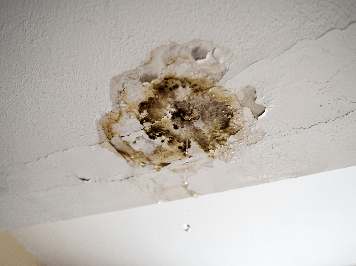 Water leaking from a stained and damaged ceiling onto a chair and table below