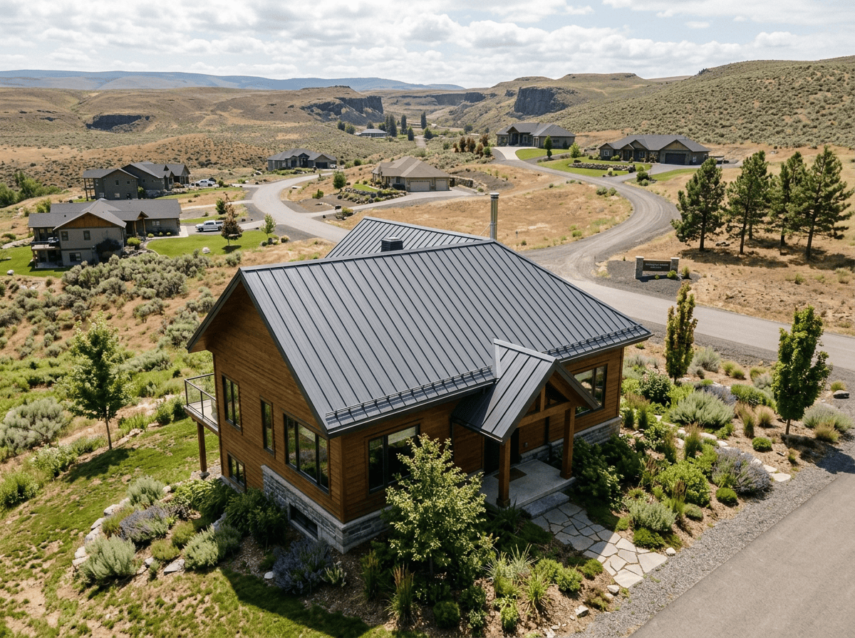 Wood cabin with metal roof surrounded by gardens and forested hills