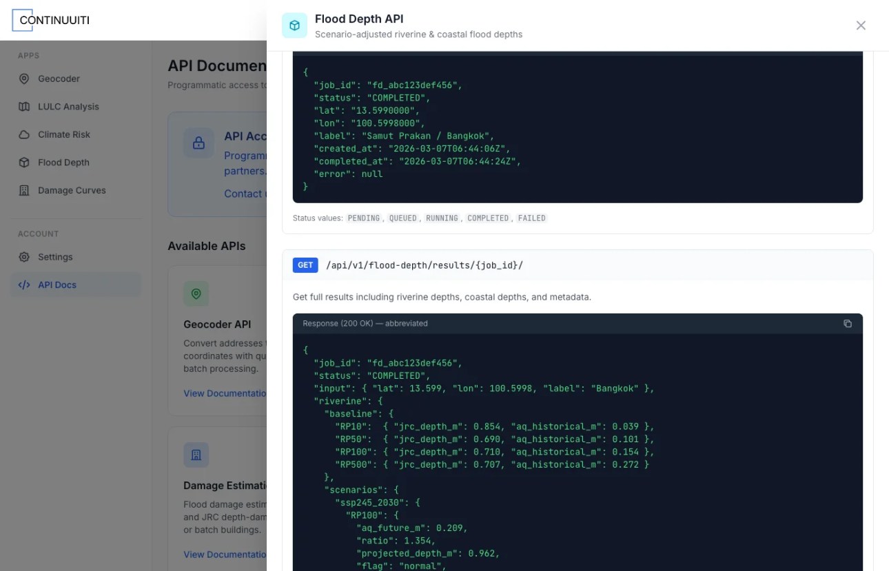 Physical risk intensity API: full results JSON showing riverine baseline, projections, and coastal data