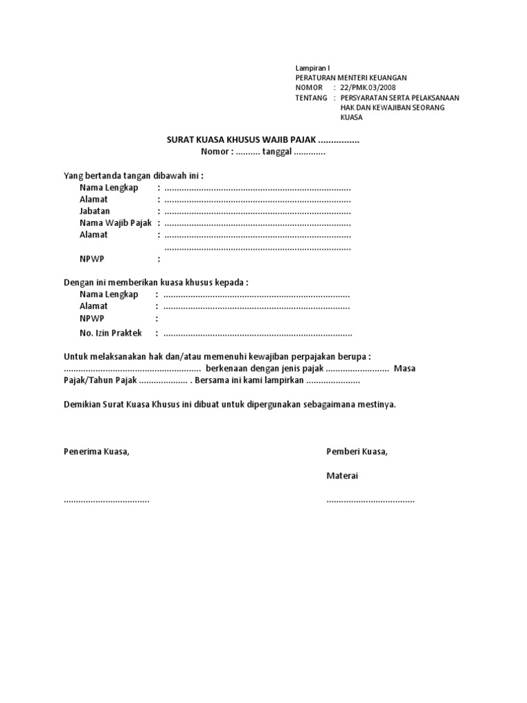 Pdf Contoh Surat Kuasa Khusus Sesuai Pmk 229 Thn Dedy 2707 Academia Edu 
