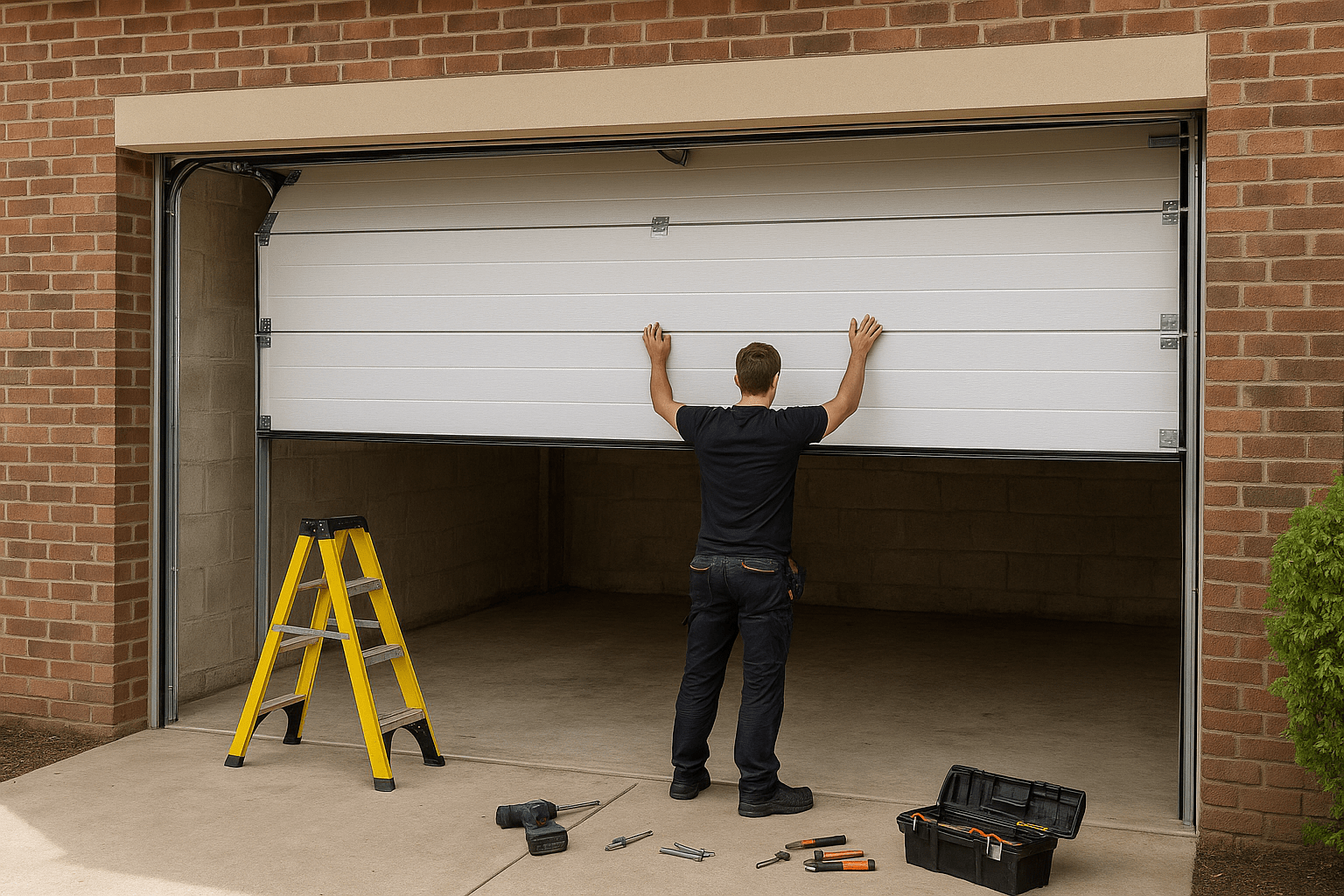 Installer fitting new white garage door