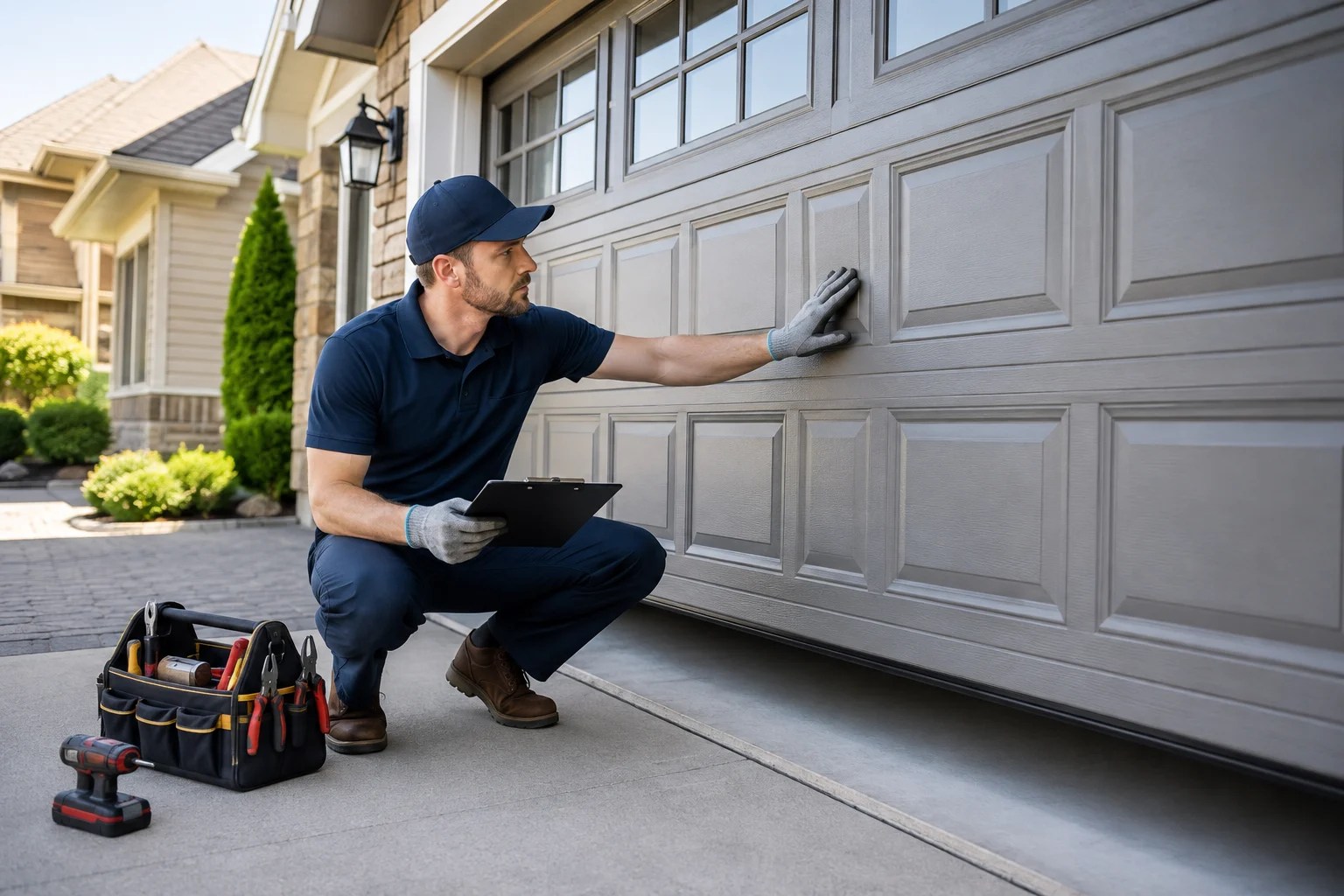 Technician inspecting a garage door