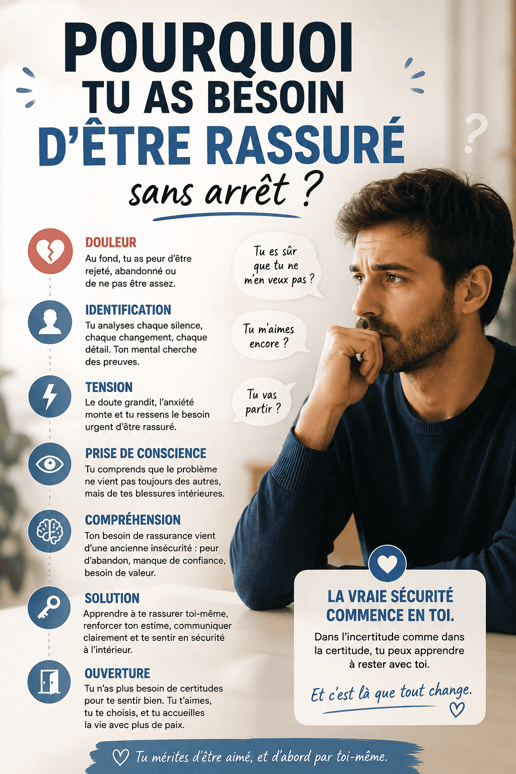 Pourquoi tu as besoin d’être rassuré sans arrêt ( douleur- identification- tension- prise de conscience- compréhension- solution- ouverture )