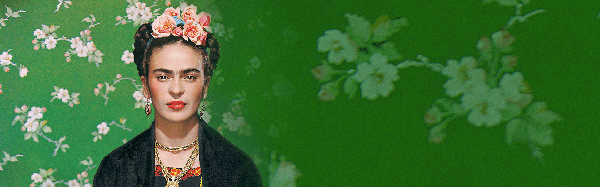 A woman with dark braided hair adorned with pink flowers and gold jewelry poses in front of a green floral background, channeling Frida Kahlo’s iconic style in a black shawl and traditional clothing. Viva la Vida!.