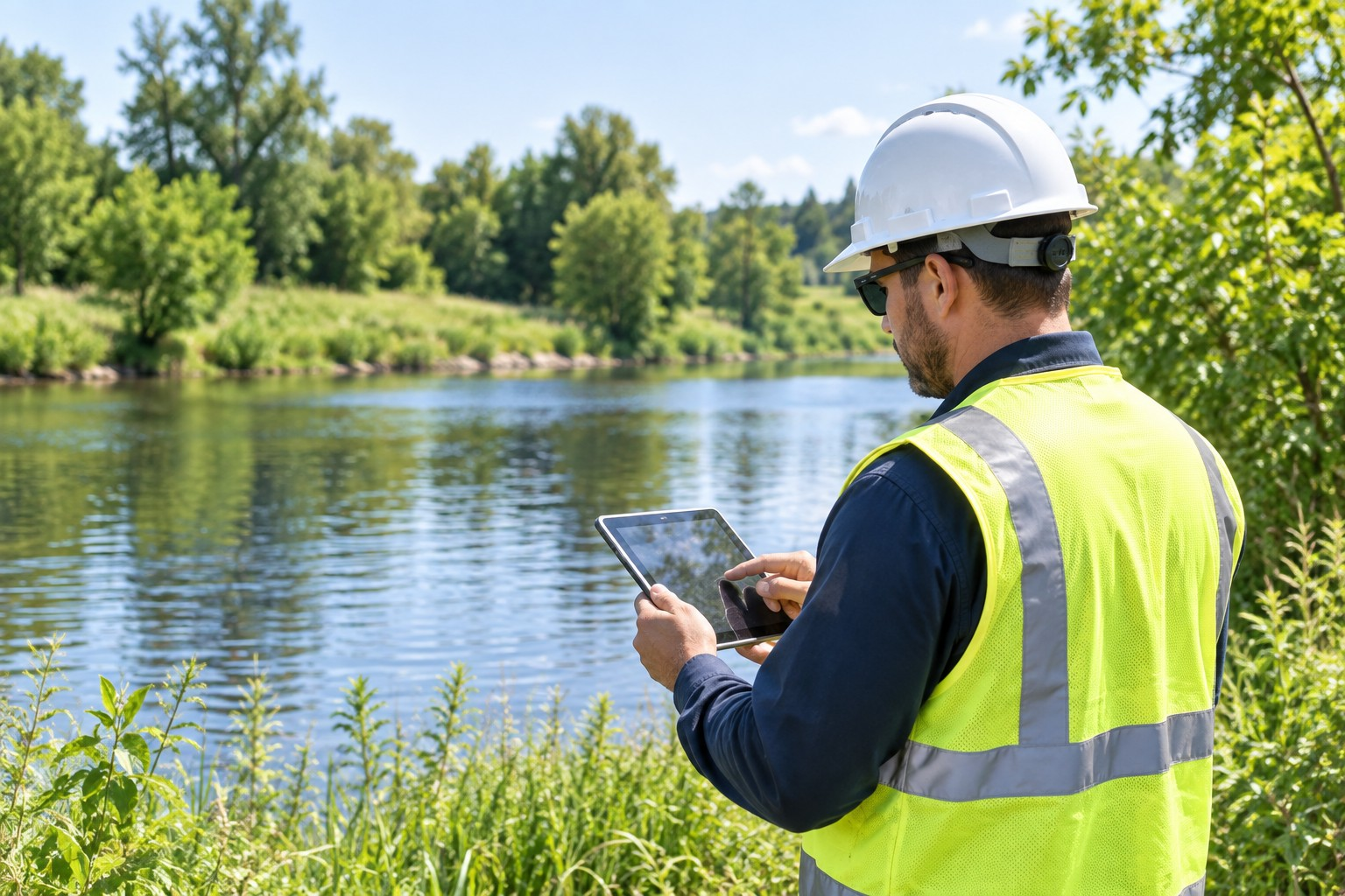Worker wearing a hard hat and safety vest using a tablet beside a body of water.