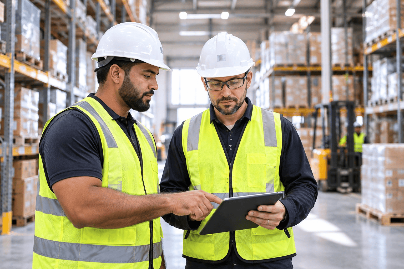 Two workers wearing hard hats and safety vests reviewing a tablet in a warehouse.