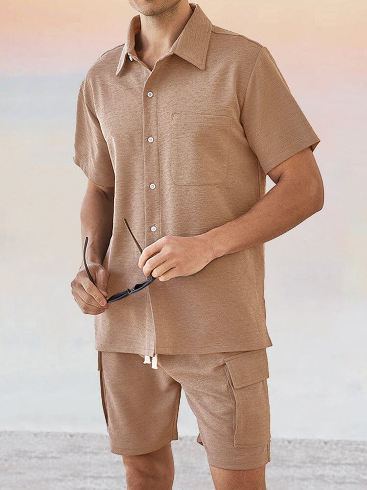 Embrace Comfort With Our Leisure Texture 2 Piece Shirt Set Coofandy