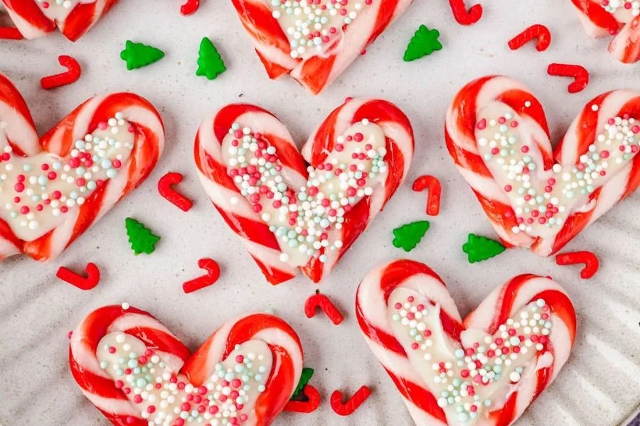 Heart shaped candy made of candy canes.