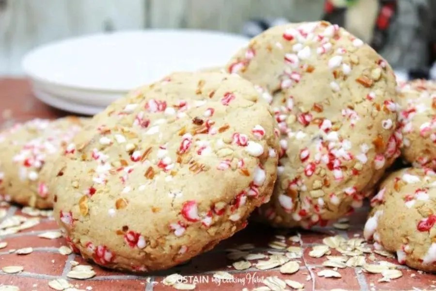 Oatmeal cookies with crushed candy canes.