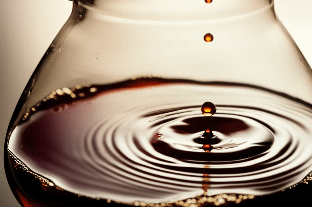 Close-up of ripples forming in a glass coffee carafe as a drop of fresh coffee falls into the surface during brewing.