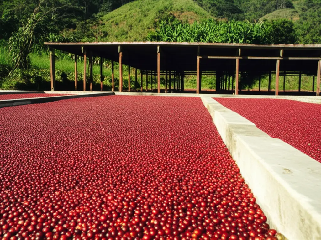 Sun-dried Geisha coffee cherries spread across concrete drying beds, with a rustic drying facility and tropical plants in the background, reflecting a premium coffee farming process