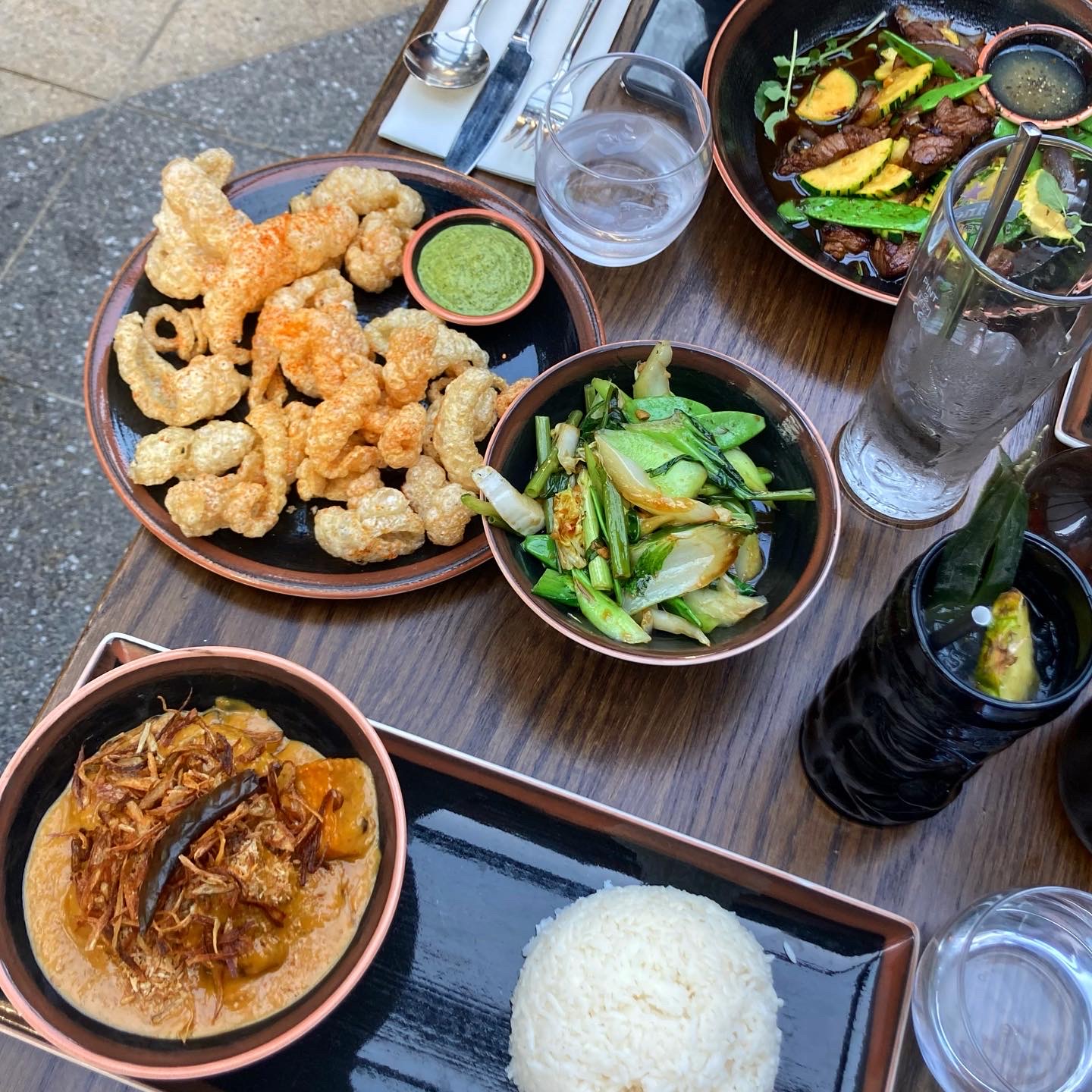 Beef Rendang, Chicharron, Asian Greens, Shaking Beef