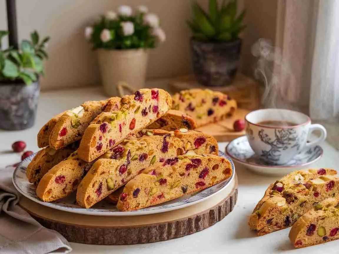 A plate of cranberry and pistachio biscotti next to a cup of coffee on a rustic table.