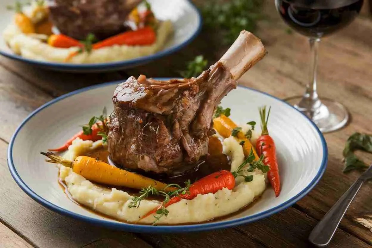 Braised Lamb Shank on a plate of mashed potatoes