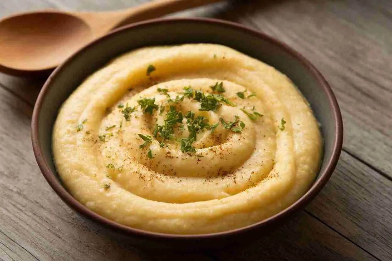 A bowl of creamy garlic polenta garnished with parsley on a rustic table.