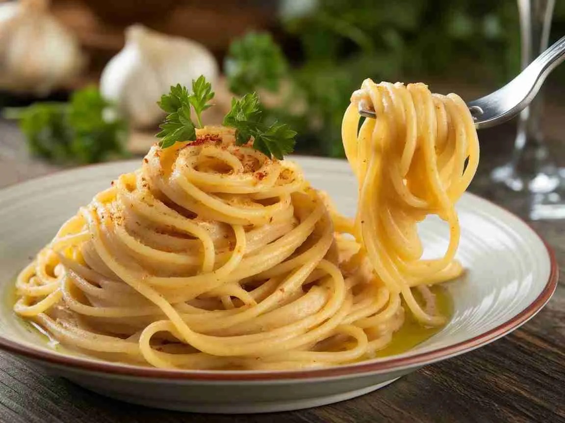 A bowl of spaghetti aglio e olio with garlic, red pepper flakes, and parsley on a rustic wooden table.