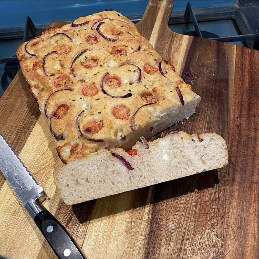 Balsamic onion and olive focaccia