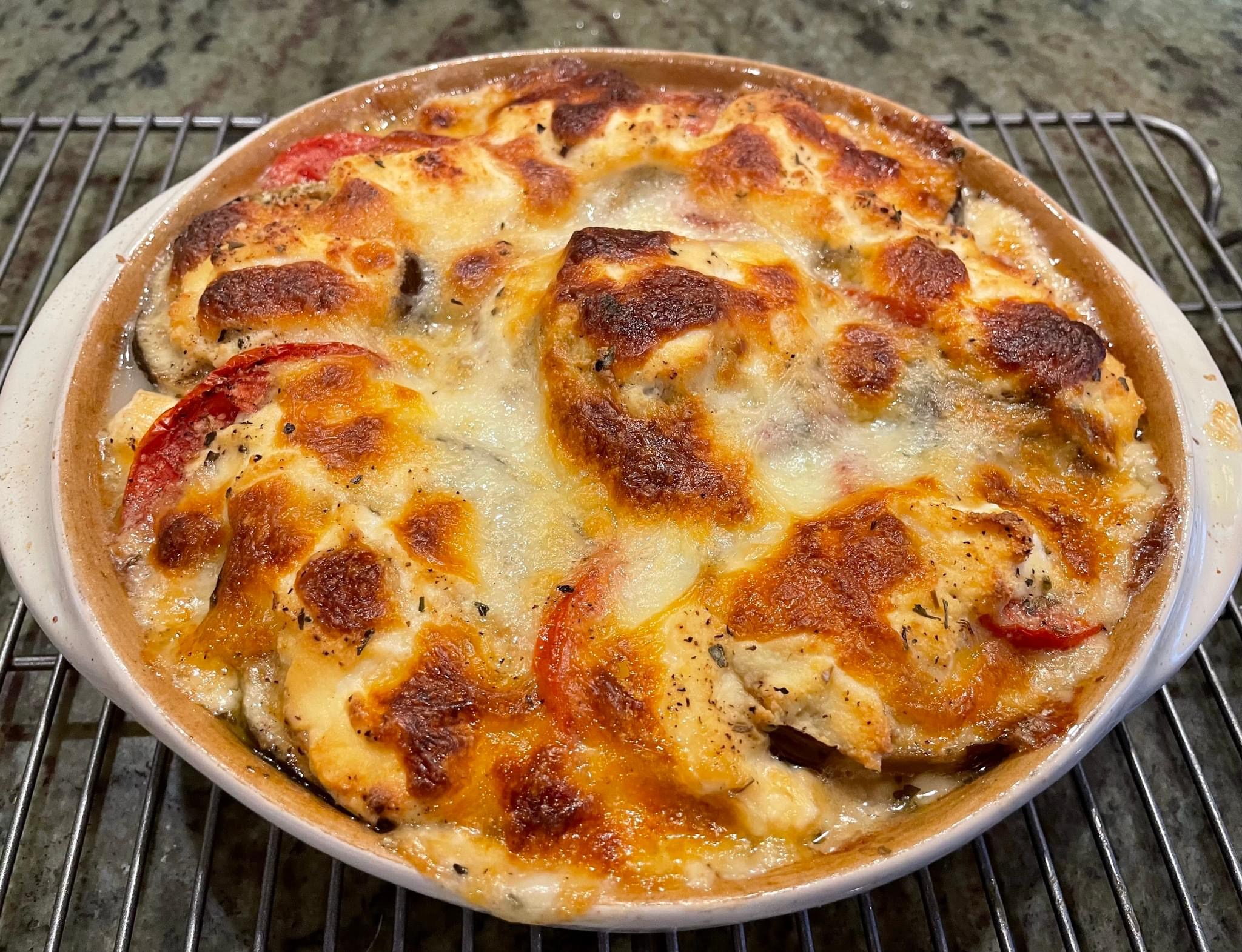 Layered Three Cheese Garden Eggplant and Tomato casserole