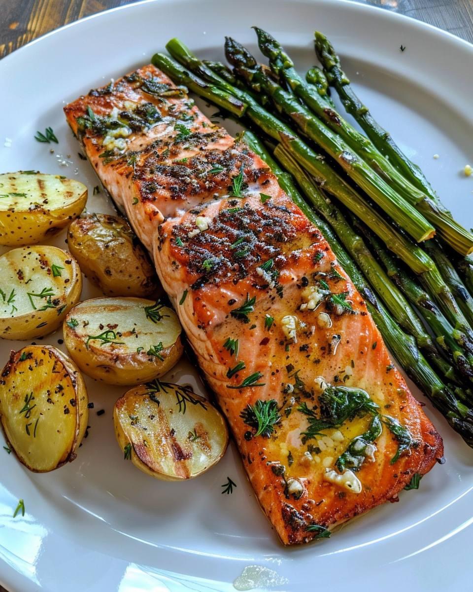 Grilled Salmon with Roasted Potatoes and Cheesy Asparagus