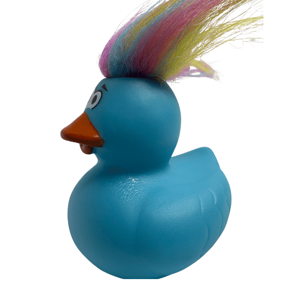 BLUE CRAZY HAIR RUBBER DUCKY SIDE