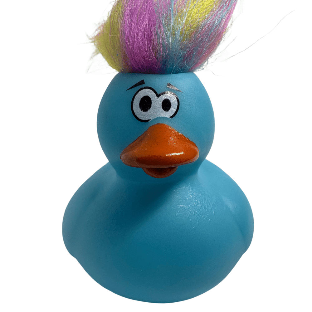 BLUE CRAZY HAIR RUBBER DUCKY