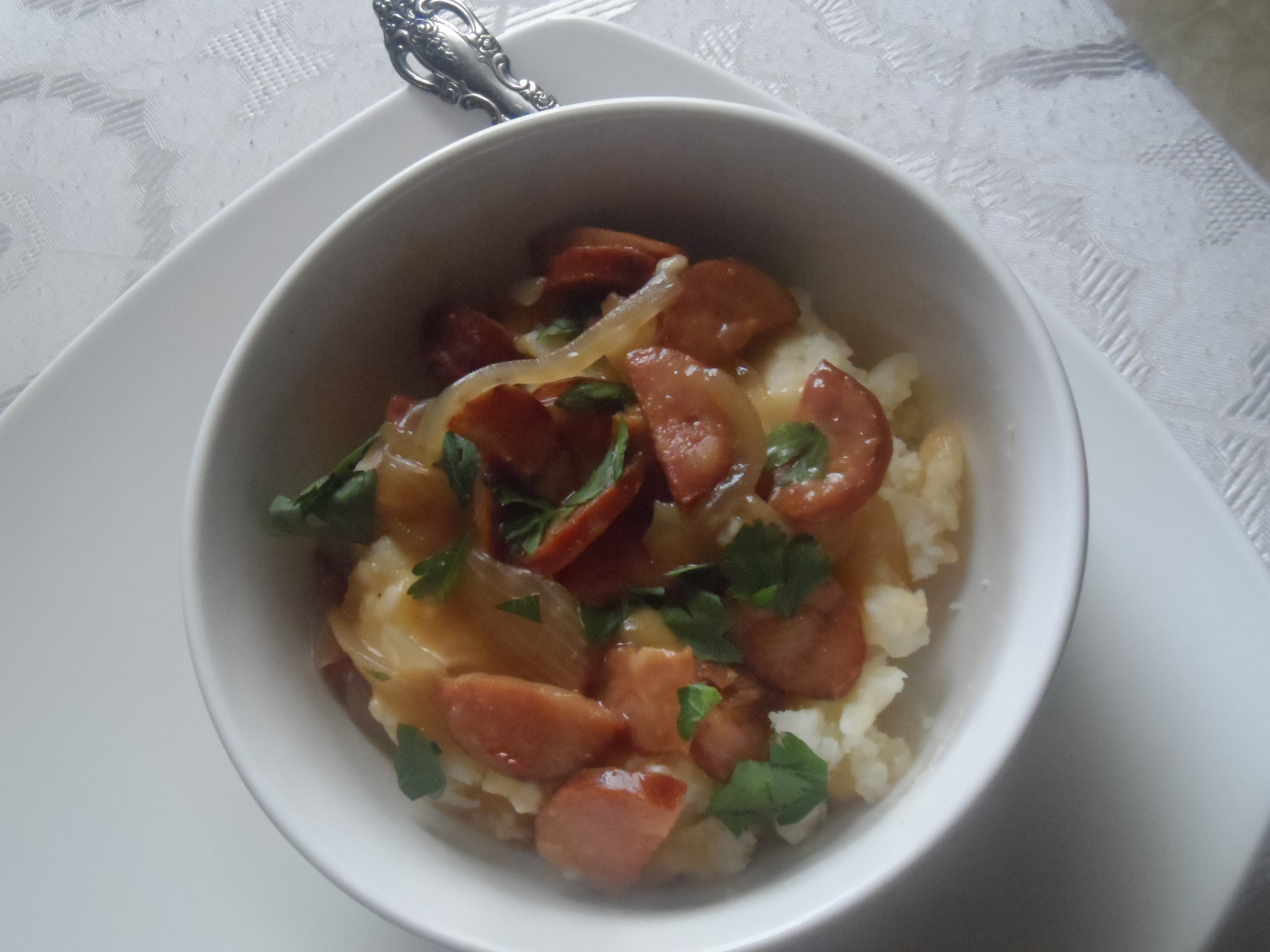 Sausage & Onion Gravy over Garlic Mashed Potatoes Coop Can Cook