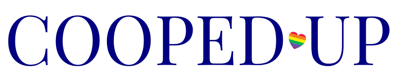 Cooped Up Logo with a rainbow heart in between the words