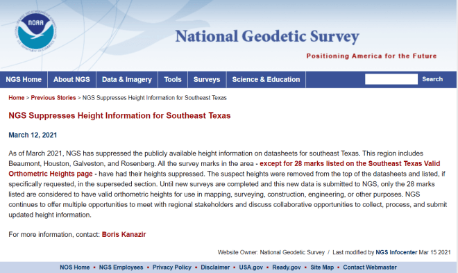 NGS announcement to suppress height information for Southeast Texas. (Image: NGS)