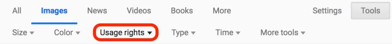 Screencapture of the additional tools for a Google search. The "Usage Rights" option is circled.