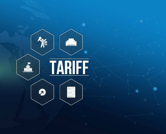 Blue graphic with constellation background and the word Tariff