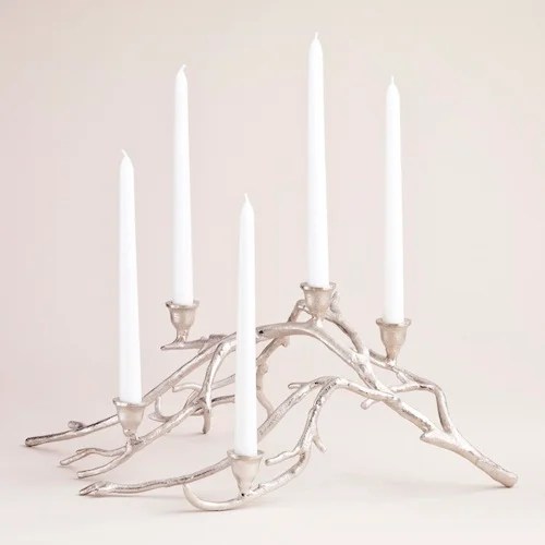 COST PLUS WORLD MARKET SILVER TWIGS TAPER CANDLE CENTERPIECE
