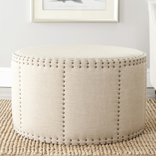 OVERSTOCK MILAN BEIGE NAILHEAD ROUND OTTOMAN