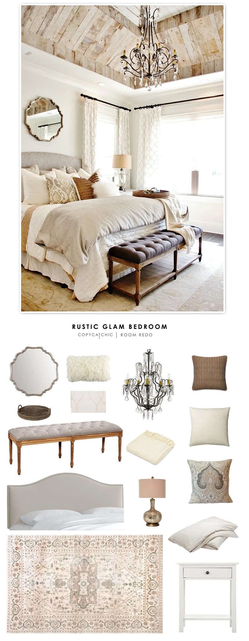 A rustic glam bedroom designed by Refresh Home and featured by Thistlewood Farms recreated for less by Copy Cat Chic.