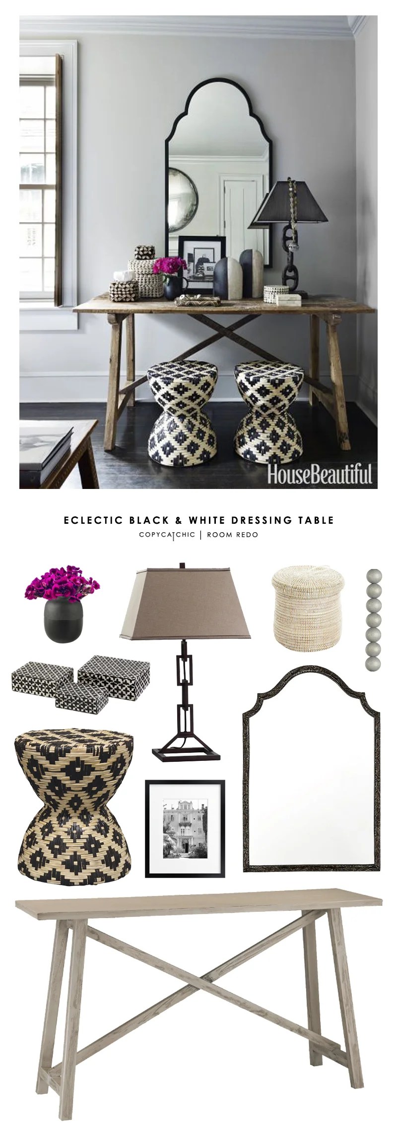 An eclectic black, white and gray entryway designed by Erin Gates of Elements of Style & featured in House Beautiful gets recreated for less by @copycatchic