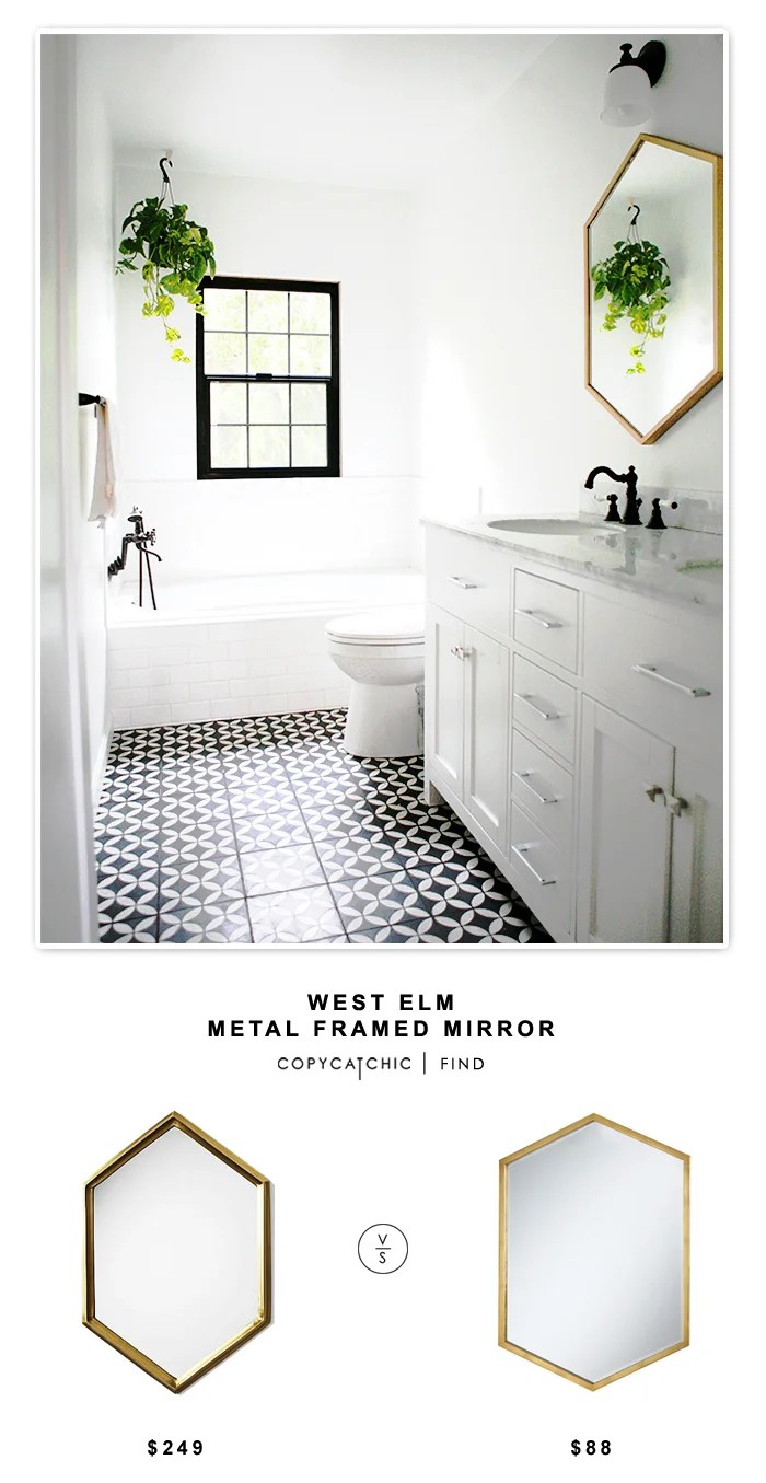 West Elm Metal Framed Mirror for $249 or Coaster Furniture Versatile Hexagon Gold Metal Mirror for $88 | @copycatchic budget home decor looks for less