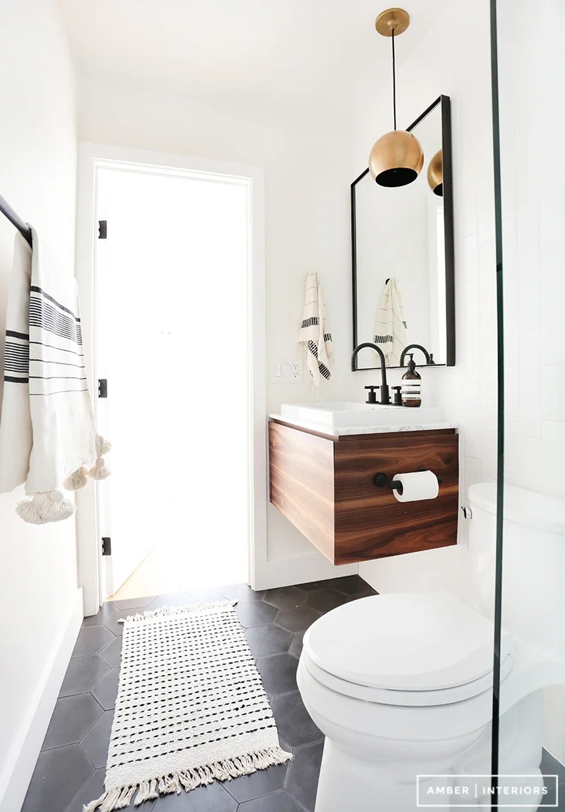 A black and white minimalist wood bathroom by Amber Interiors recreated for less by copycatchic luxe living for less budget home decor and design