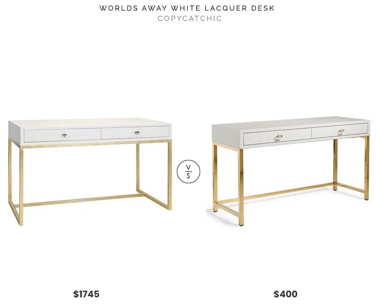 Candelabra Worlds Away White Lacquer Desk $1745 vs Grandin Road Harlow Writing Desk $400 white and gold lacquer desk look for less copycatchic luxe living for less budget home decor and design daily finds, home trends and room redos