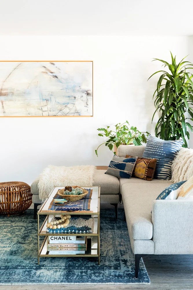 This lush, indigo, boho living room design by Abbie Naber gets recreated for less by copycatchic luxe living for less budget home decor and design, daily finds, look for less, home trends, sales and room redos