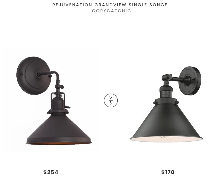 Rejuvenation Grandview Single Sconce $254 vs. Innovations Lighting Briarcliff Single Light Tall Bathroom Sconce $170, metal cone sconce look for less, copycatchic luxe living for less, budget home decor and design, daily finds, home trends, sales, budget travel and room redos