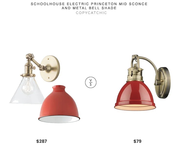 Schoolhouse Princeton Mid Sconce & Metal Bell Shade $287 vs. Home Depot Duncan Aged Brass Sconce $79, red sconce look for less, copycatchic luxe living for less, budget home decor and design, daily finds, home trends, sales, budget travel and room redos