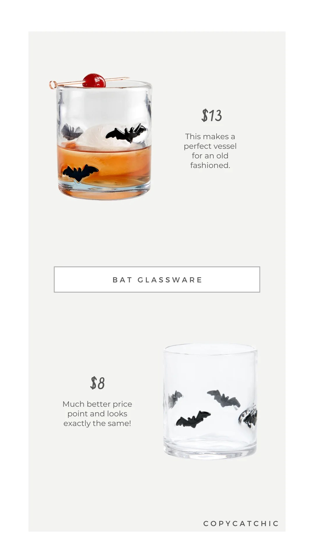 Look for Less: Crate and Barrel Halloween Bats 14-Oz. Double Old-Fashioned Glass vs World Market Charm Inlay Double Old Fashioned Glass Dupe