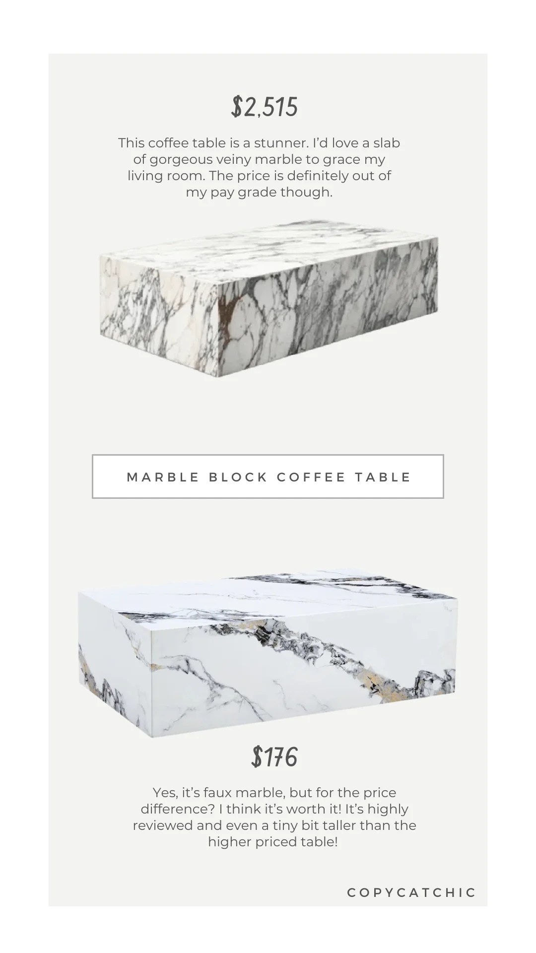 copycatchic daily find Look for Less Dupe Design Within Reach Audo Copenhagen Plinth Coffee Table vs Wayfair Wrought Studio Granison Deluxe Contemporary Marble Coffee Table