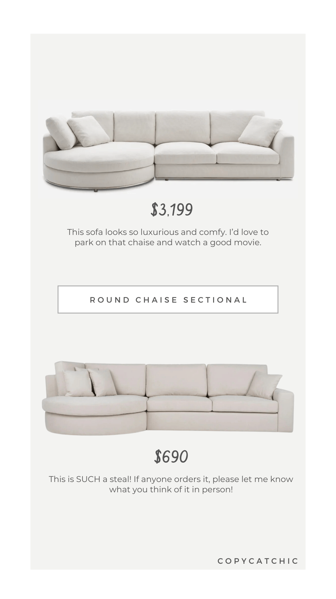 copycatchic daily find Look for Less dupe Castlery Hamilton Round Chaise Sectional Sofa vs AliExpress Sectional with Curved Chaise Seat