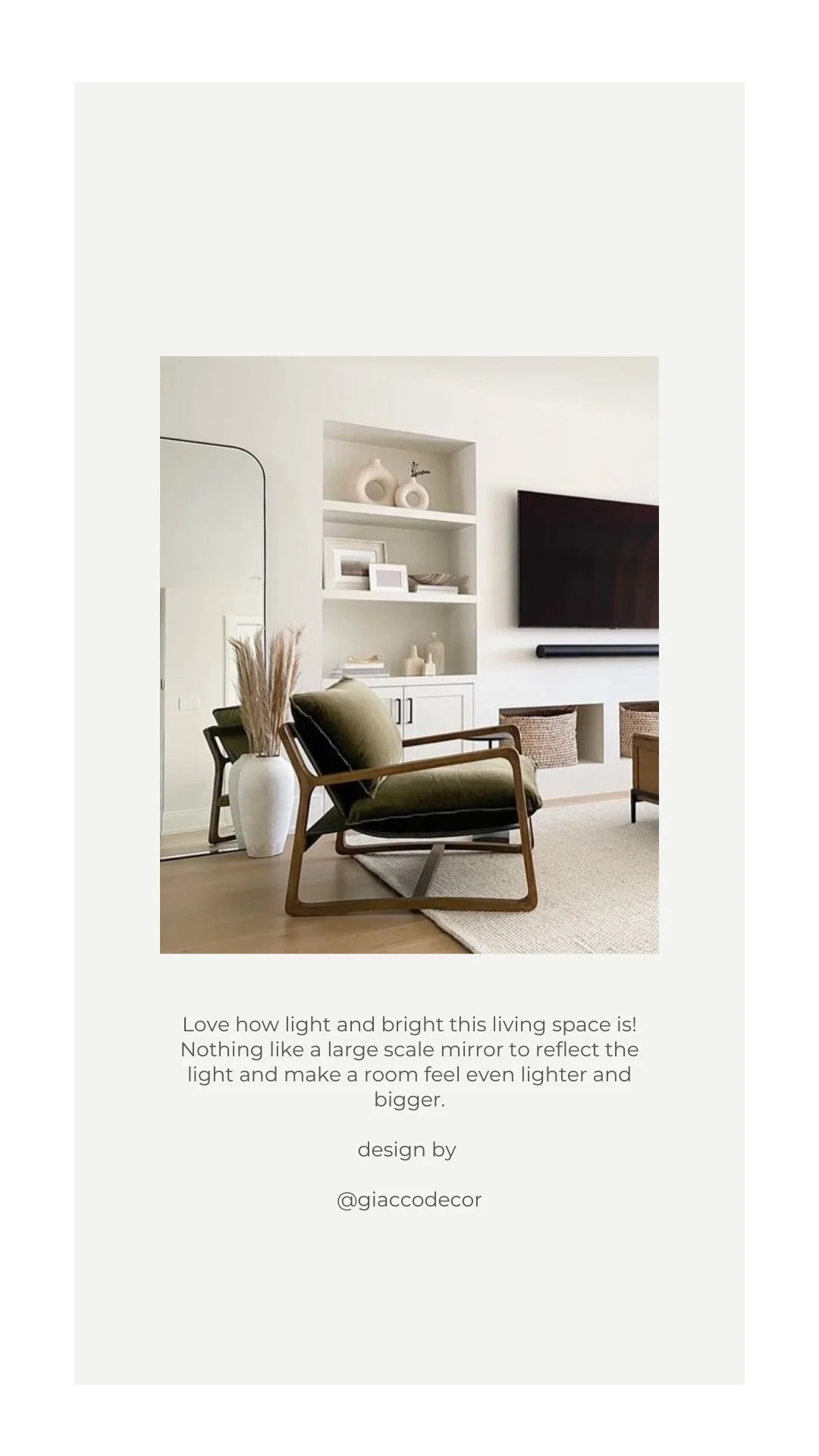 Love how light and bright this living space is! Nothing like a large scale mirror to reflect the light and make a room feel even lighter and bigger. Design by @giaccodecor