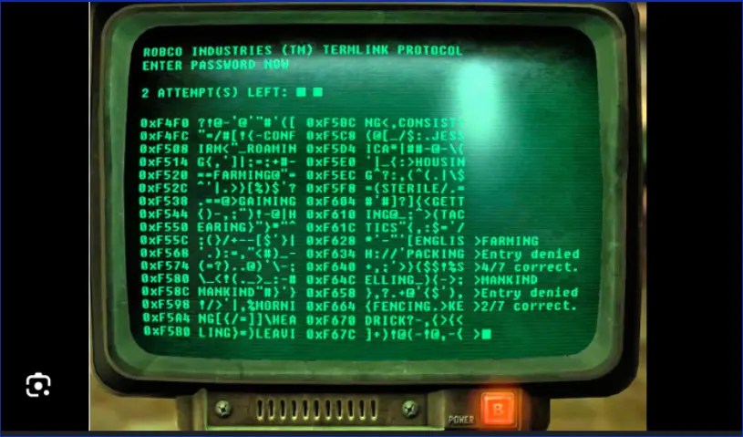 A vintage computer screen displaying a terminal interface with green text, showing a password prompt and various entries with successful and failed attempts at authentication.