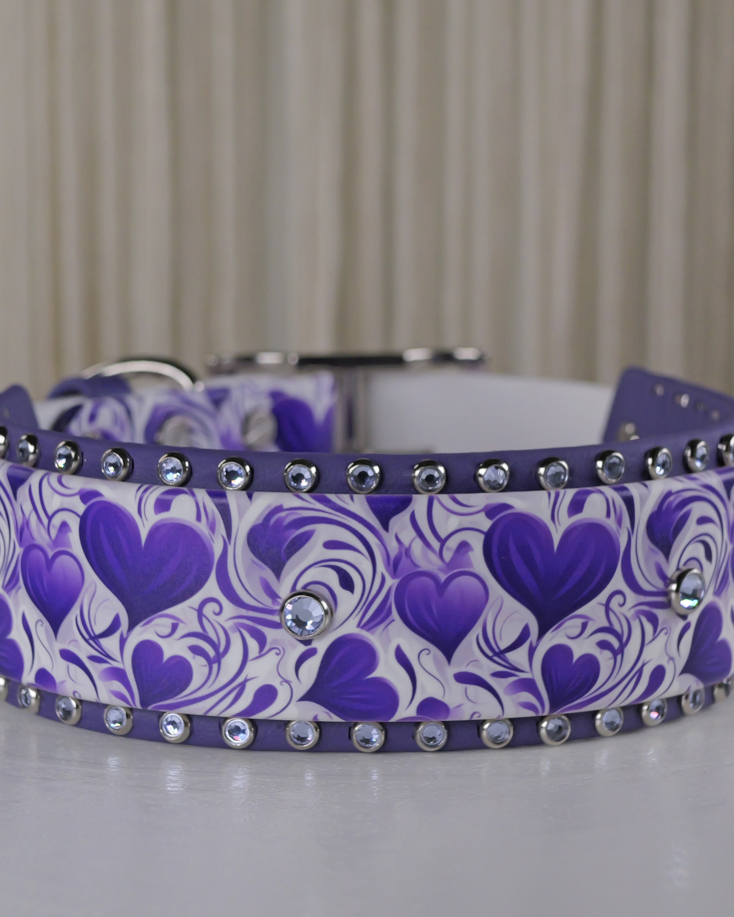 rhinestone 2 inch biothane dog collar with UV printed purple hearts artwork